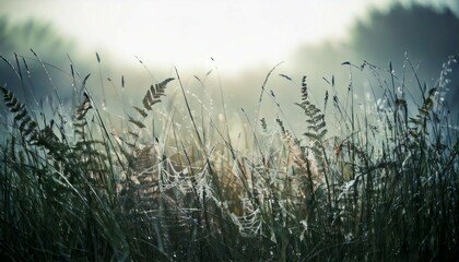 Obraz premium Wild Grasses and Tiny Ferns in a Misty Meadow
