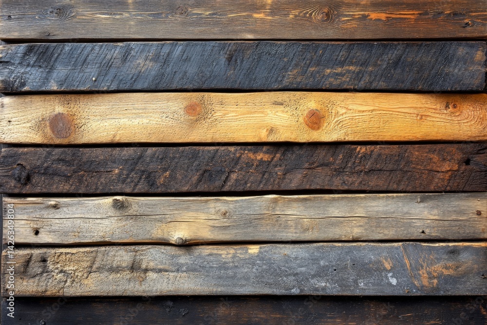 Poster Wooden planks arranged in alternating colors displayed with a rustic texture and weathered appearance in natural light