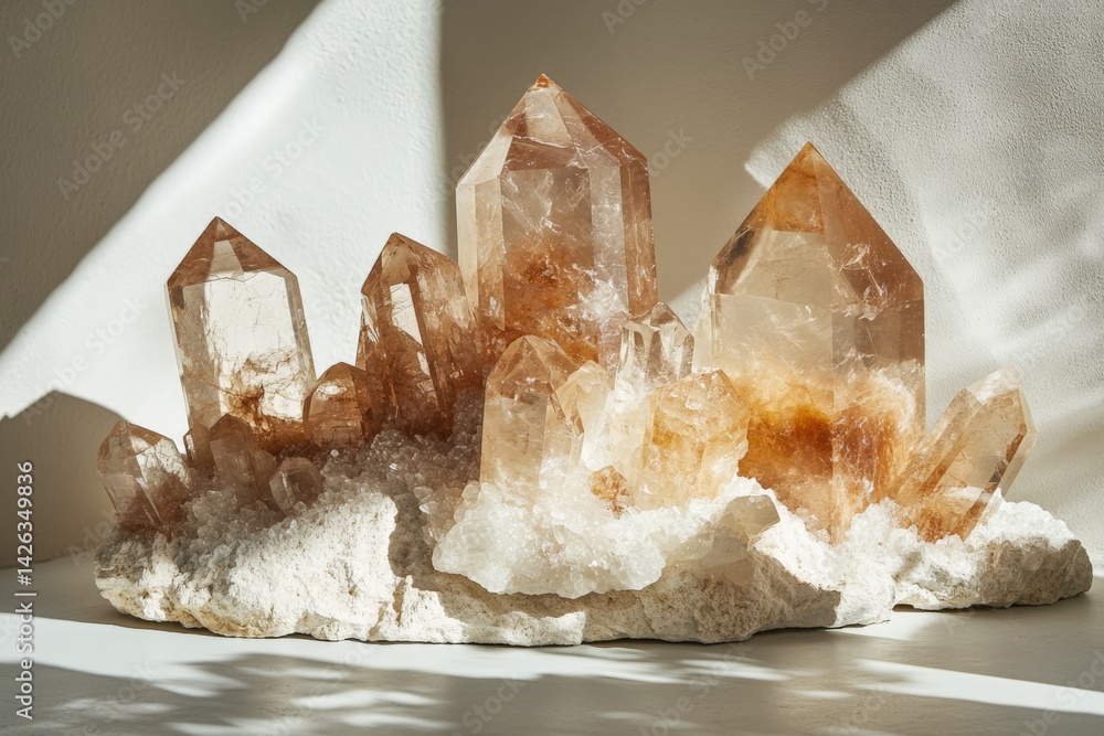 Poster shimmering quartz crystals beautifully displayed on a white surface illuminated by natural light in 