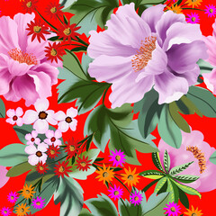 Seamless print with flowers and red or blue