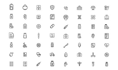 Set of black and white icons for healthcare, medicine, and medical supplies illustration.