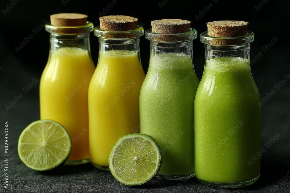 Poster Freshly squeezed juice bottles lined up with lime slices on a dark background during a culinary showcase event