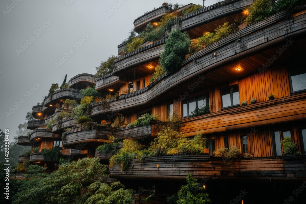Poster unique architectural design of a greenery-covered building in a misty urban setting during evening h