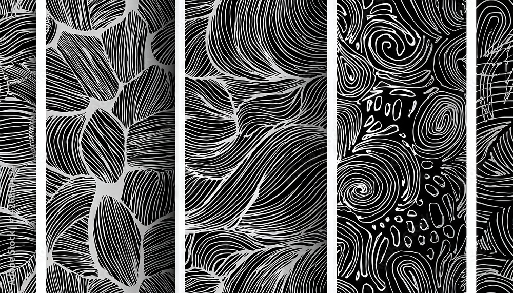 Poster striking black and white abstraction geometric lines and shapes in a seamless series, blending harmo
