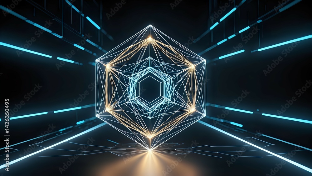Poster futuristic neon geometry abstract digital network cube lines