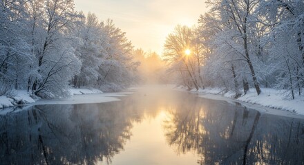 Winter Sunrise Over Frozen River - Serene winter scene, snow-covered trees, frozen river reflecting sunrise, peaceful atmosphere, tranquil nature. Symbolizing peace, serenity, beauty, winter's magic