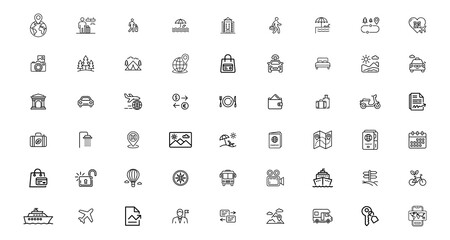 Set of black and white icons for travel, transportation, and tourism illustration.