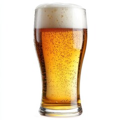 A glass of light amber beer, full, with a thick head of foam