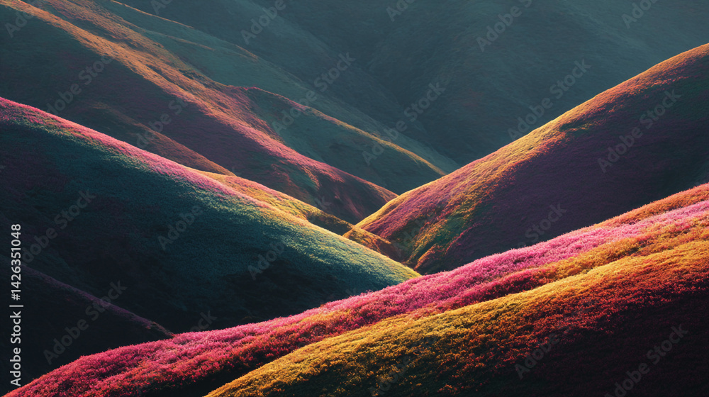 Poster colorful abstract landscape with rolling hills and a dark background gradient effect
