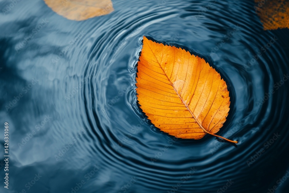 Poster vibrant orange leaf floating on water creating ripples during autumn afternoon at a tranquil locatio