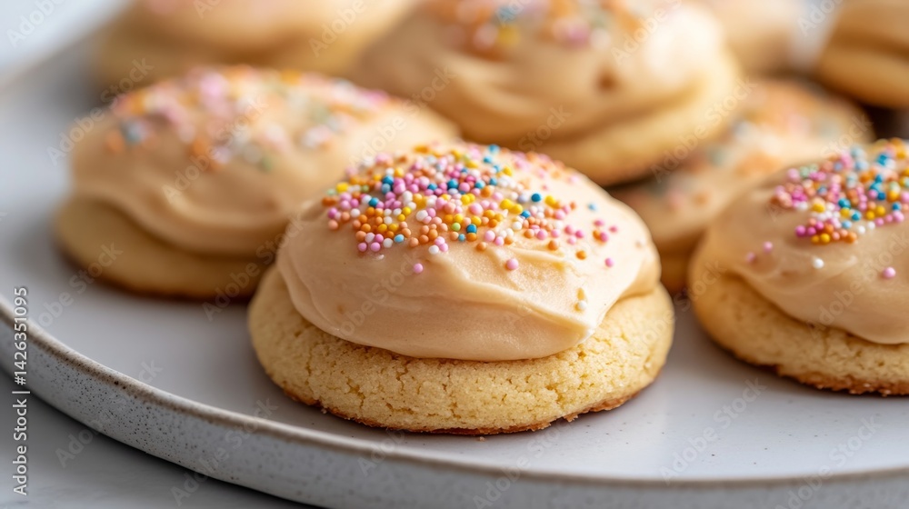 Poster close-up of frosted sugar cookies adorned with colorful sprinkles arranged on a clean white plate, s
