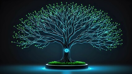 Glowing Neon Tree Digital Art, Nature, Technology, Futuristic, Abstract, Branches, Leaves, Light, Gr