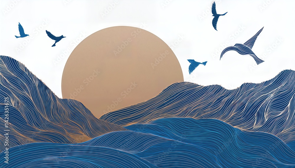Poster vector abstraction mountain sunrisesunset by blue line art texture isolation a mesmerizing dance of 