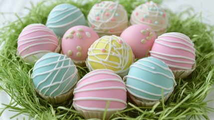 Obraz premium Basket of wrapped Easter candy treats on a bed of artificial grass