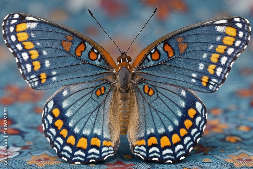 Poster beautiful blue butterfly resting on patterned fabric in a close-up capture during daylight hours