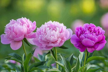 Colorful peonies bloom in a garden during spring showcasing vibrant petals in various shades of pink and purple under bright sunlight