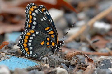 Obraz premium Colorful butterfly resting on gravel amidst autumn leaves in a natural setting during daytime