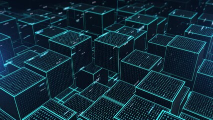 3D render of digital blockchain cubes with binary code, representing secure data transactions, decentralized systems, Cryptographic technology, Modern business technology concept