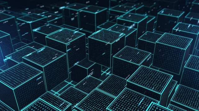 3D render of digital blockchain cubes with binary code, representing secure data transactions, decentralized systems, Cryptographic technology, Modern business technology concept