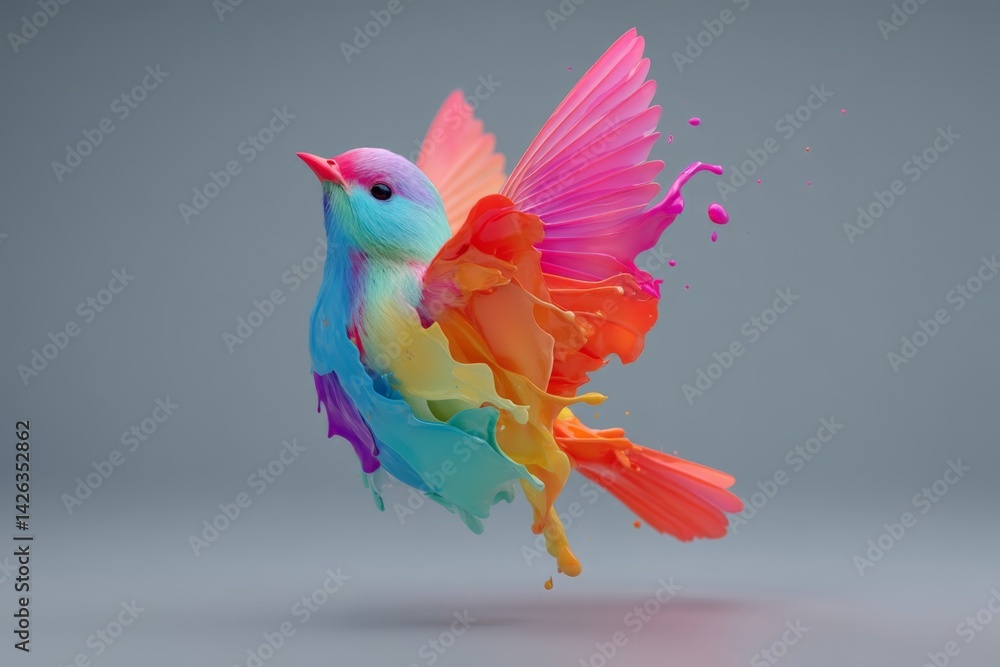 Poster colorful bird in mid-flight surrounded by vibrant splashes of paint creating an artistic spectacle