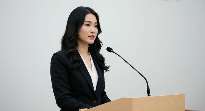 Confident young professional woman presenting at a podium against a white background