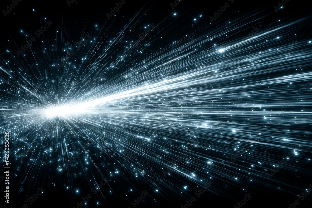 Poster bright light streaks radiate from a central point in a dark cosmic background during a digital art c