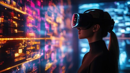 A woman wearing a VR headset stands in front of a wall of data streams, immersing herself in the virtual world.