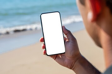 Smartphone mockup at the ocean beach, closeup of male hand holding mobile phone with blank white screen as copy space at seaside coast in summer