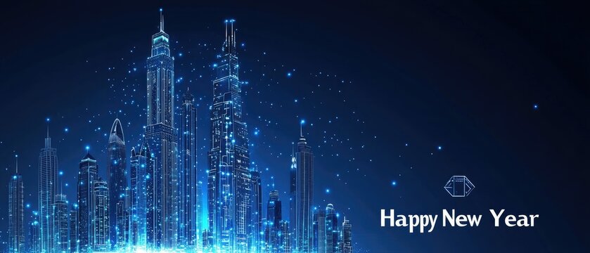 A futuristic digital city skyline with the text Happy New Year.