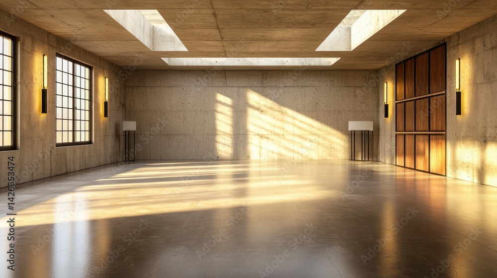 Poster large open room with cool concrete walls, sunlight streaming in creating abstract shadows