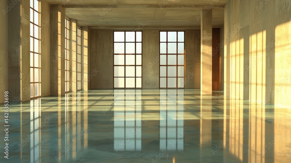 Aufkleber large open room with cool concrete walls, sunlight streaming in creating abstract shadows