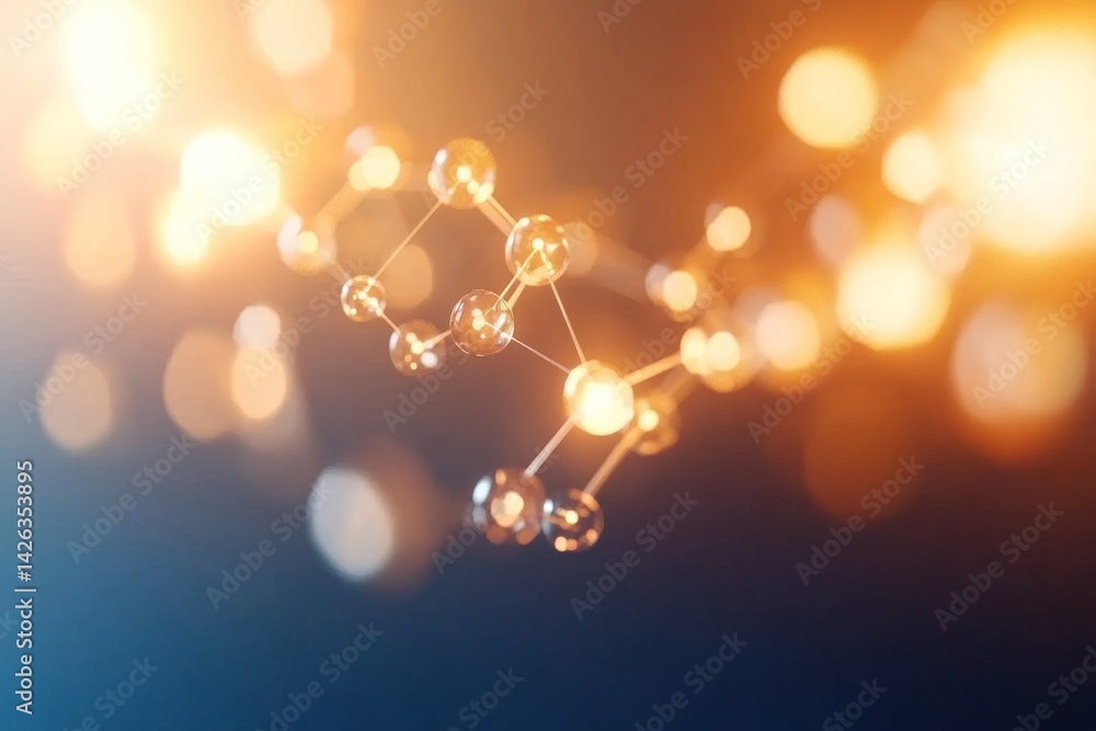 Fototapete Polygonal molecular structures with glowing nodes are prominently displayed against a textured dark blue backdrop, evoking a sense of advanced technology and science