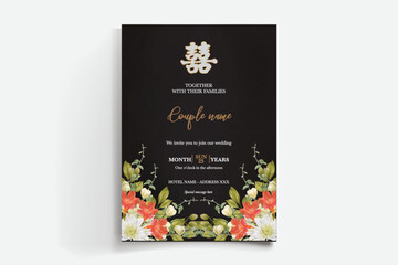 WEDDING INVITATION FRAME WITH FLOWER DECORATIONS AND FRESH LEAVES