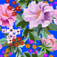 Floral print, with yellow, red, magenta and pink flowers. Tropical Brazilian floral.