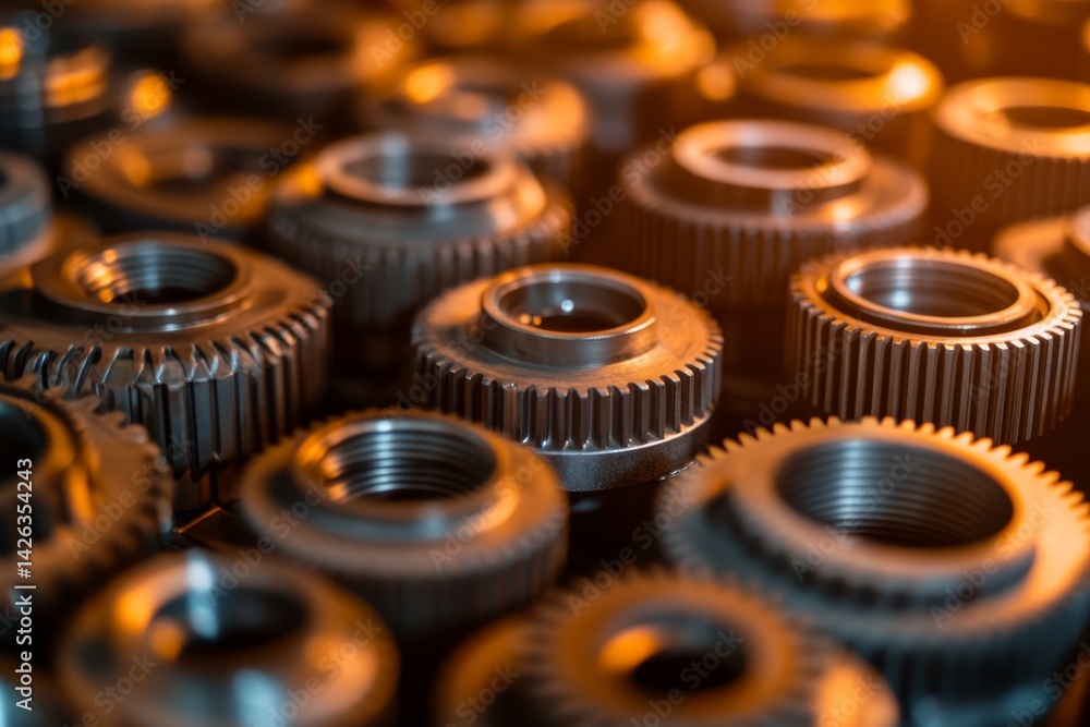 Poster Close-up of silver engine gears on an industrial backdrop, with soft lighting highlighting their precision and mechanical complexity