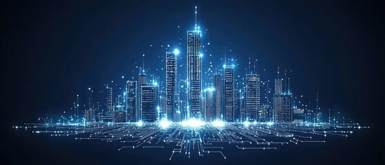 Futuristic city skyline with glowing skyscrapers connected by digital lines and circuit boards.