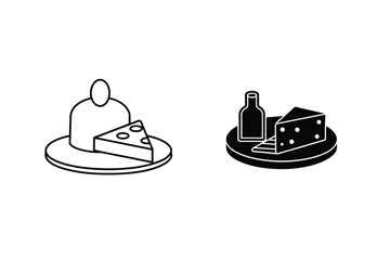 Cheese And Wine Minimalist Icons With Slice Of Cheese And Bottle On Plate