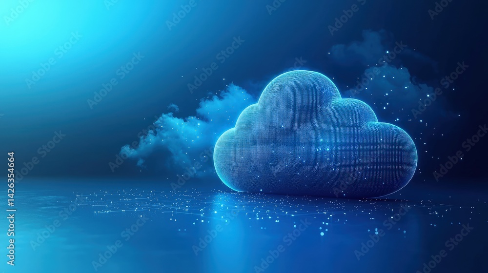 Poster Futuristic 3D render of a glowing digital cloud with particles and a blue tech background, ideal for cloud computing, data storage, and digital transformation concepts