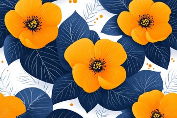 Colorful floral design with vibrant orange flowers and deep blue leaves set against a light background
