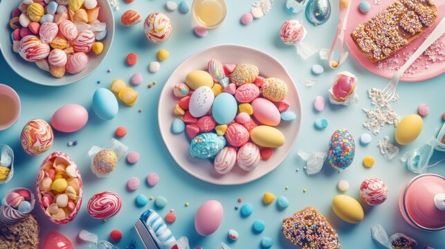 Candy-filled Easter eggs opened and spread across a table with scattered sweets
