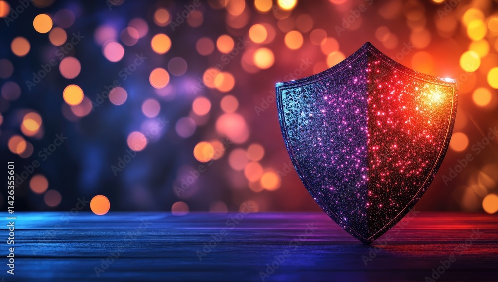Poster abstract digital shield with glowing particles and bokeh lights