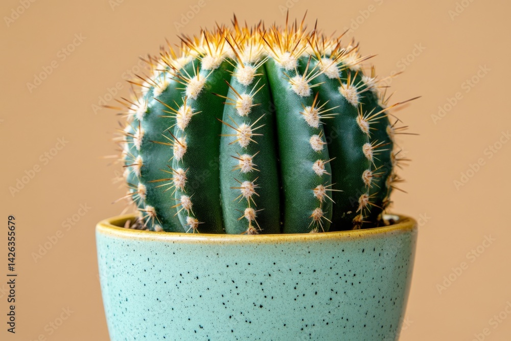 Poster brightly colored cactus in a blue pot against a warm background showcasing its unique spikes and vib