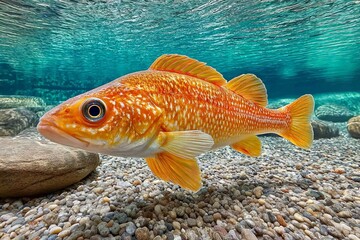 Naklejka premium Bright orange fish swimming gracefully over a pebbled riverbed under an azure sky