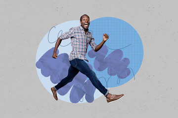 Poster banner creative photo collage of happy guy dance weekend celebration vibe event chill party...
