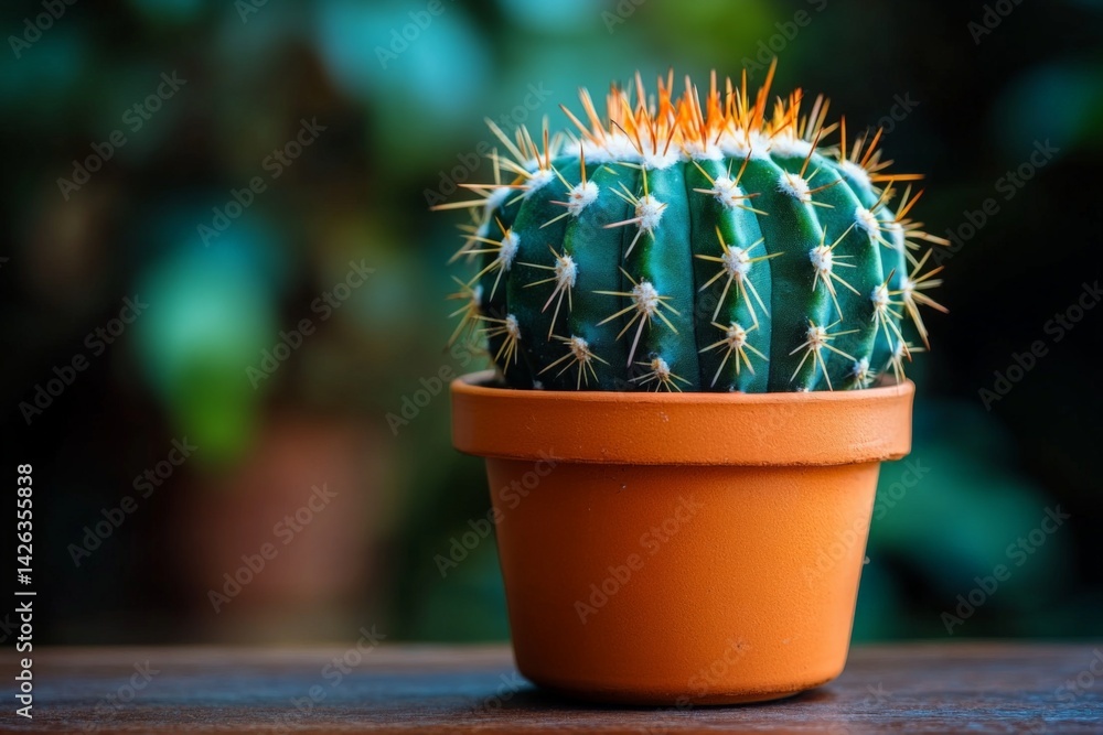 Poster cactus plant in a terracotta pot displayed on wooden table with blurred greenery background during d