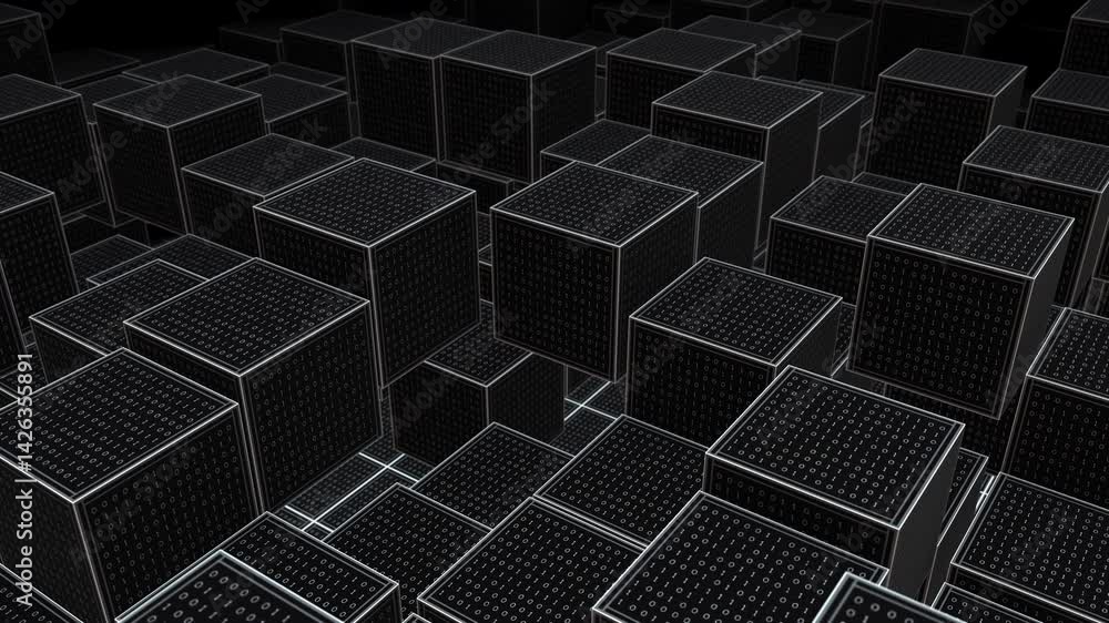Fototapete 3D dark cubes filled with binary code representing blockchain technology and secure digital data systems in a virtual tech network.