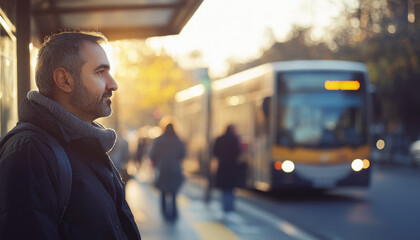 Thoughtful man waiting at a bus stop on a chilly morning, with golden sunlight and urban motion in the background, evoking everyday life and contemplation.