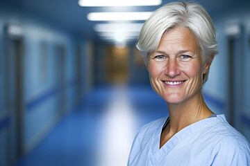 Confident nurse poses in hospital corridor, highlighting her dedication and compassionate nature. Soft lighting enhances her warm smile and professional pride