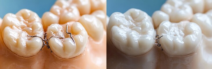 A close-up of human teeth during the restoration of a filling, representing the concept of aesthetic dentistry