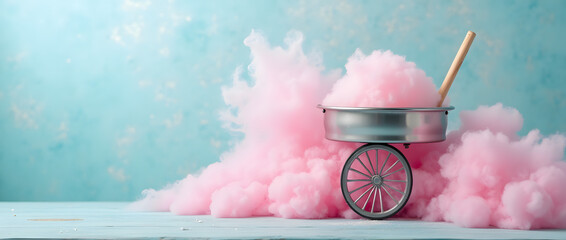 Chariot de barbe à papa isolé sur fond bleu ciel